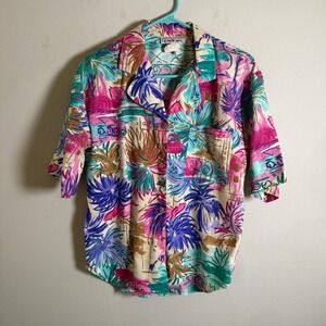 Vintage Cabrais Womens Tropical Palm Print Button Down Shirt Pink Teal Medium‎